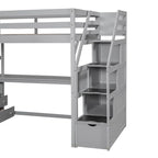 Lit mezzanine taille jumeau avec bureau et étagères, deux tiroirs intégrés, escalier de rangement