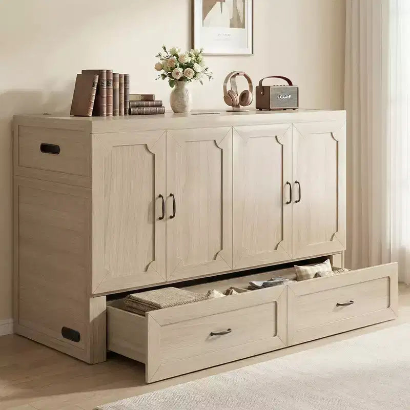 Lit escamotable convertible Queen Size Mjkone avec matelas, chargement USB, tiroirs de rangement