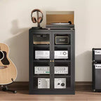 Meuble de rangement pour médias Bekrvio Metal, meuble stéréo à 4 niveaux avec portes en verre et étagères réglables, support audio AV avec gestion des câbles