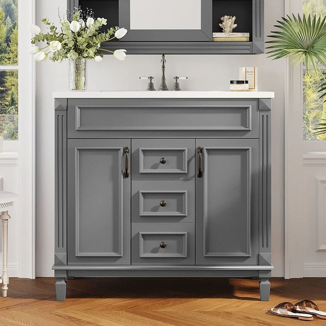 36'' Modern Bathroom Vanity with Top Sink and Mirror Cabinet,2 Doors and 2 Drawers