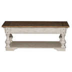Table basse Morgan Creek blanc antique, avec accents tabac brossé.