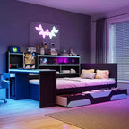 Lit de repos de jeu double/grand avec tête de lit bibliothèque, lumières LED, bureau intégré, tiroirs et station de charge