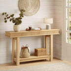Console en bois cannelé de style campagnard, 2 niveaux avec étagère de rangement, table d'entrée rectangulaire étroite, derrière le canapé, pour hall d'entrée, couloir, salon