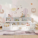Lit de sol Montessori double/complet avec étagères de rangement et barrières de sécurité Blanc/Gris