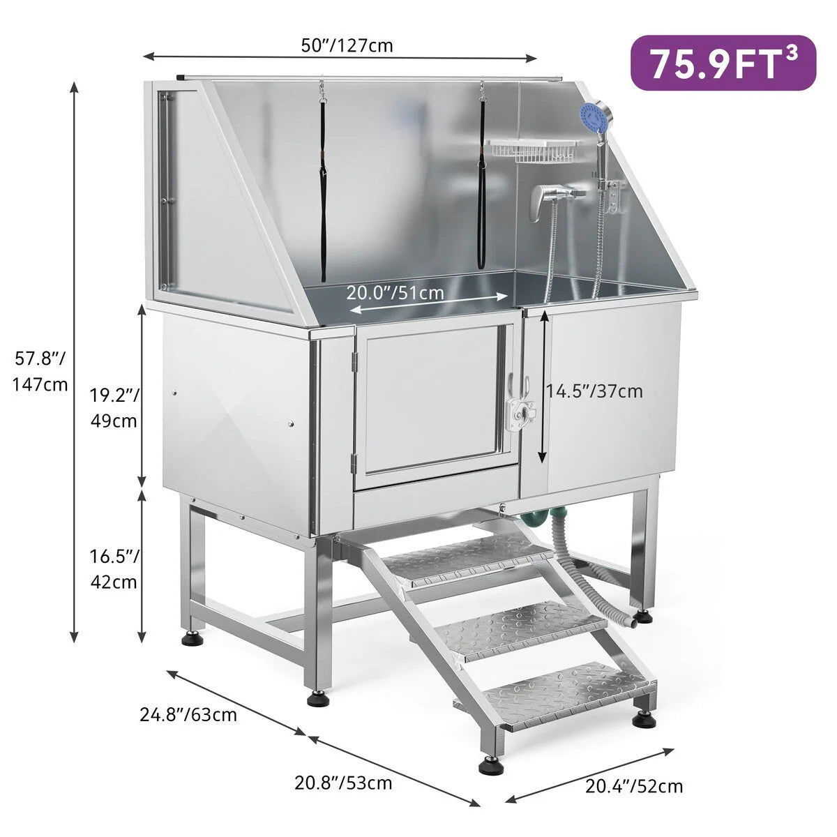Baignoire de toilettage pour animaux de compagnie de 50 pouces de largeur en acier inoxydable avec rampe d'accès