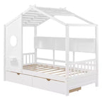 Lit cabane en bois double/complet avec 2 tiroirs, lit pour enfants avec étagère de rangement - ModernLuxe
