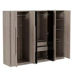 83W Armoire 6 Portes, Rangement de Vêtements avec 2 Tiroirs, Tringles et Étagères, Noir+Naturel-ModernLuxe