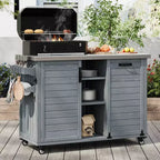 Îlot de cuisine d'extérieur FAMYYT de 198,9 cm avec comptoir en acier inoxydable, station de barbecue pliable et armoires de rangement, Bleu Gris