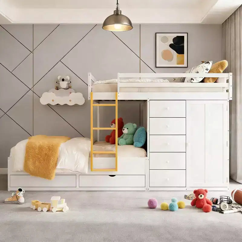 Full Over Full Modern Bunk Bed With Built In Closet And 7 Storage Drawers