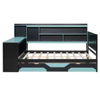 Lit de repos de jeu double/grand avec tête de lit bibliothèque, lumières LED, bureau intégré, tiroirs et station de charge